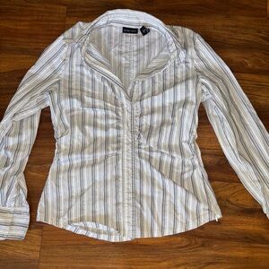 New York & Company White and Gray Striped Tailored Blouse